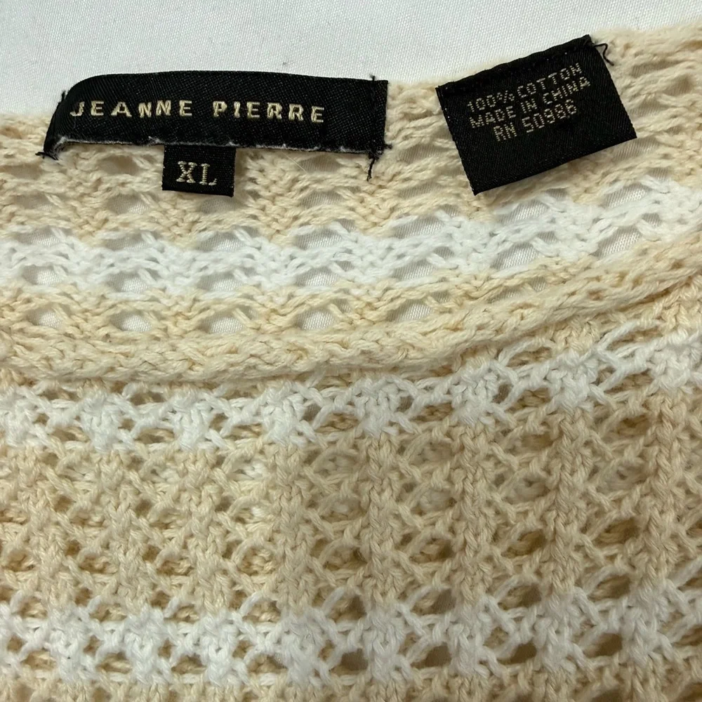 Jeanne Pierre Open Knit Cotton Sweater Cream Beige Stripe Coastal Tunic Size XL